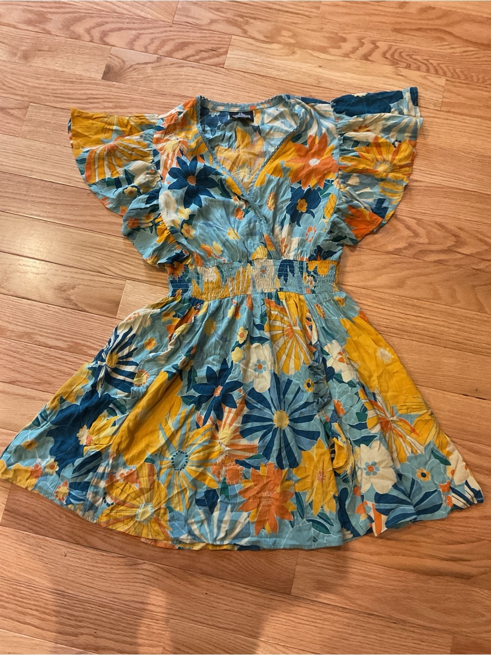Angie Blue & Yellow Floral V-Neck Smocked Mini Dress Anthropologie Medium boho - Picture 2 of 14